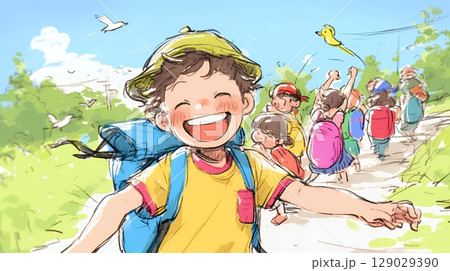 小学生の夏の思い出：友達とピクニック（クレヨン＋水彩画風）