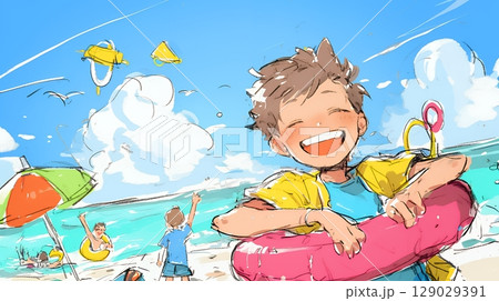 小学生の夏の思い出：海水浴（クレヨン＋水彩画風）