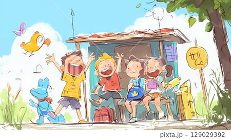 小学生の夏の思い出：友達といつまでもおしゃべり（クレヨン＋水彩画風）