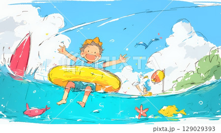 小学生の夏の思い出：海水浴（クレヨン＋水彩画風）