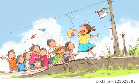 小学生の夏の思い出：みんなで近所の秘境を探検（クレヨン＋水彩画風）