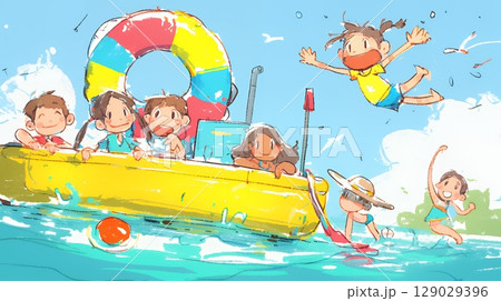 小学生の夏の思い出：海水浴（クレヨン＋水彩画風）