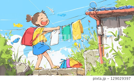 小学生の夏の思い出：選択のお手伝い（クレヨン＋水彩画風）