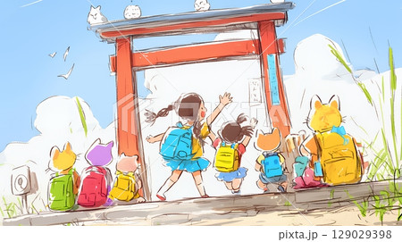 小学生の夏の思い出：みんなで近所の秘境を探検（クレヨン＋水彩画風）
