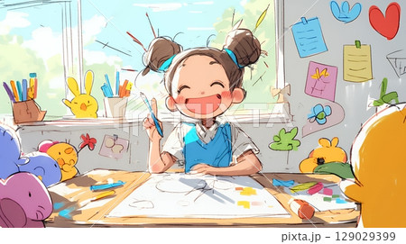 小学生の夏の思い出：お絵かき（クレヨン＋水彩画風）