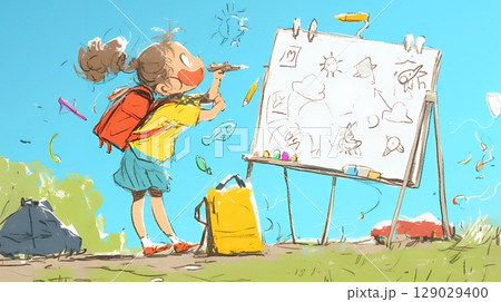 小学生の夏の思い出：お絵かき（クレヨン＋水彩画風）