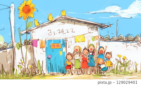 小学生の夏の思い出：みんなで近所の秘境を探検（クレヨン＋水彩画風）