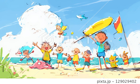 小学生の夏の思い出：海水浴（クレヨン＋水彩画風）