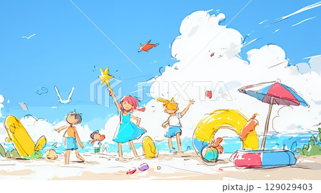 小学生の夏の思い出：海水浴（クレヨン＋水彩画風）
