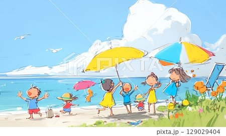小学生の夏の思い出：海水浴（クレヨン＋水彩画風）