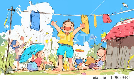 小学生の夏の思い出：友達とピクニック（クレヨン＋水彩画風）