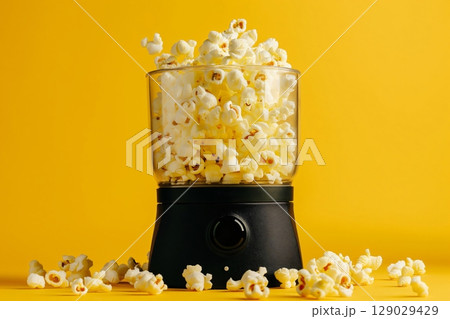 Modern popcorn machine overflowing with a large amount of freshly made popcorn on a vibrant yellow background 129029429