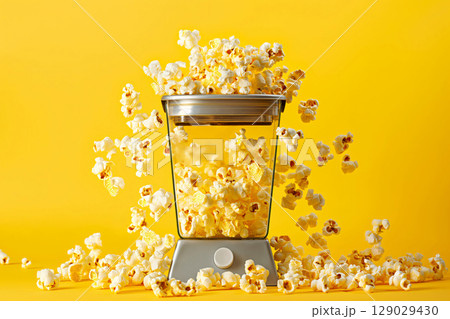 Popcorn machine overflowing with popcorn, creating a fun and delicious mess on a vibrant yellow background 129029430