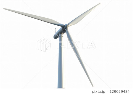 Modern wind turbine standing tall against a white background, symbolizing clean and sustainable energy generation Modern wind turbine standing tall against a white background, symbolizing clean and sustainable energy generation 129029484