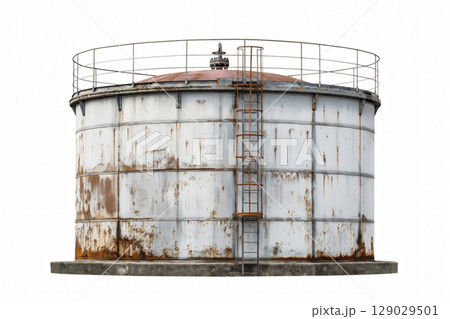 Aging, rusty oil storage tank against a white background, symbolizing the impact of oil production on the environment and global reliance on this fuel source 129029501