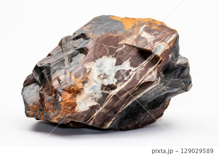 Piece of uranium ore is sitting on a white background, showing the colorful radioactive properties of the mineral 129029589