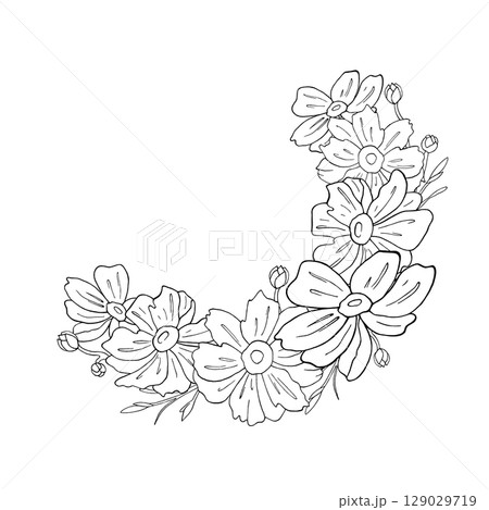 Half wreath of flowers of Japanese Anemone in graphic style. Frame, template vector hand drawn illustration, line art with white background for logo, postcard on March 8, wedding invitation, birthday 129029719