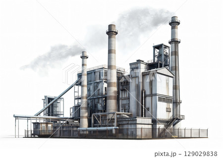 Old coal fired power plant releasing smoke from its chimneys on a white background 129029838