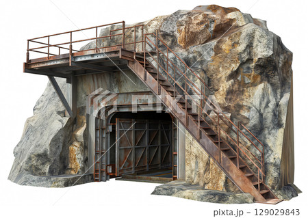 Old mine shaft entrance built into the side of a rock face with rusty stairs leading up to a landing 129029843