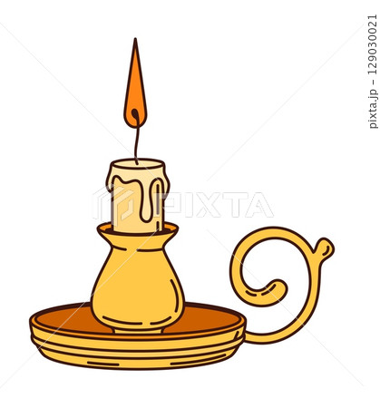 Cartoon groovy melted candle in a golden antique holder, with dripping wax and burnt wick, evoking a pirate medieval theme. Vector rustic, vintage candlelight fitting for corsair game adventures 129030021