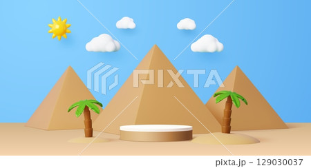 Sand podium stage in desert between the pyramids. 3d vector cartoon ancient egypt landscape with round scene, palm trees, clouds and sun against a clear blue sky. Travel or historical platform oasis 129030037