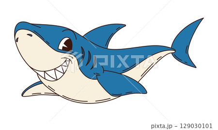 Cartoon groovy shark character with a wide grin and confident expression. Isolated vector powerful and magnificent ocean predator, sea animal. Pirate story, kid book or game personage with sharp teeth 129030101