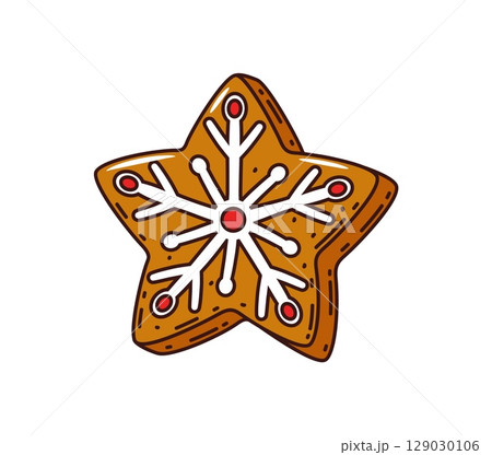 Christmas star snowflake cookie groovy dessert. Happy New Year holiday gingerbread groovy dessert. Christmas celebration 60s isolated vector pastry. Merry Xmas festive sweet star cookie decoration 129030106