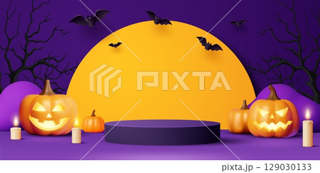 Halloween podium stand with flying bats, pumpkins and dead trees, vector horror holiday. 3d round purple display stand, pedestal and podium with spooky Halloween night pumpkin monsters and candles 129030133
