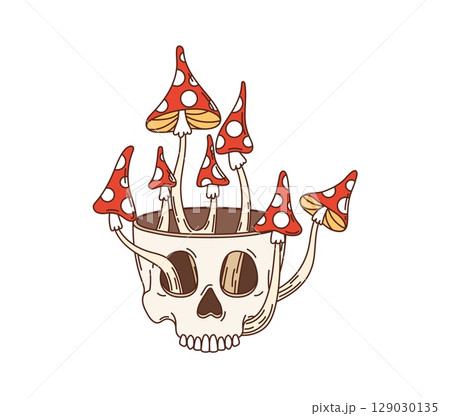 Human skull with mushrooms hippie groovy object. Witchcraft and Haloween horror isolated vector hippie retro symbol. Amanita mushroom growing from empty skull funky vintage 80s object or icon Human skull with mushrooms hippie groovy object. Witchcraft and Haloween horror isolated vector hippie retro symbol. Amanita mushroom growing from empty skull funky vintage 80s object or icon 129030135