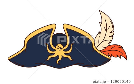 Cartoon groovy pirate and corsair tricorn hat. Vector captain cocked cap, seafarer headdress with feathers and octopus kraken emblem. Isolated buccaneer, filibuster headgear, piracy costume item 129030140