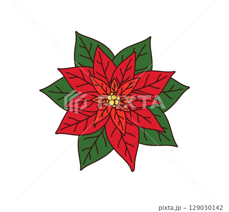 Cartoon Christmas poinsettia groovy decoration. Christmas celebration vintage groovy design element. Winter season holiday 60s 70s isolated vector decoration. Merry Xmas poinsettia leaves decoration 129030142