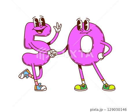 Groovy math numbers, cartoon characters with funny faces, vector mathematics emoji. Groovy number 5 Five and 0 Zero or 50 Fifty numerals, happy smiling and shaking hands for anniversary birthday 129030146