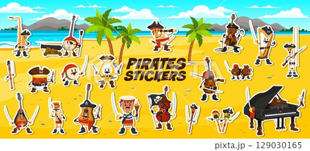 Musical instruments pirate and corsair characters stickers pack on treasure island vector background. Cartoon piano, guitar, saxophone and drum pirate captains, funny violin and trumpet corsair 129030165