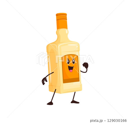 Cartoon whiskey or bourbon drink character. Rum, brandy or cognac bar beverage happy funky vector character. Whiskey alcohol cocktail drink bottle funny groovy 80s mascot or isolated cute personage 129030166