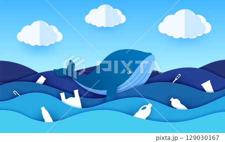 Plastic in the sea, paper cut banner of whale in polluted water. World ocean pollution, environment and ecology problem paper cut vector backdrop or concept with plastic waste in sea water, sad whale 129030167