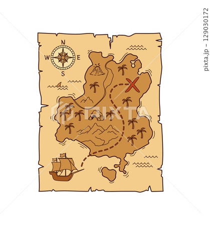 Cartoon groovy pirate and corsair treasures map. Isolated old, antique, medieval paper adventure map. Vector worn fantasy vintage parchment with sea, land, islands, red cross, wind rose and sail ship 129030172