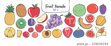 Isolated hand drawn fruit clipart set on a transparent background. Cute black outline on colorful plain doodle Illustration Style, Set 2. 129030193