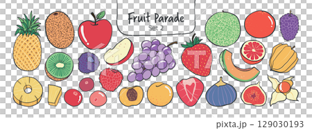 Isolated hand drawn fruit clipart set on a transparent background. Cute black outline on colorful plain doodle Illustration Style, Set 2. 129030193