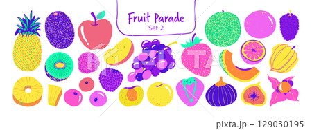 Isolated hand drawn fruit clipart set on a transparent background. Cute minimal colorful doodle Illustration Style, Set 2. Isolated hand drawn fruit clipart set on a transparent background. Cute minimal colorful doodle Illustration Style, Set 2. 129030195