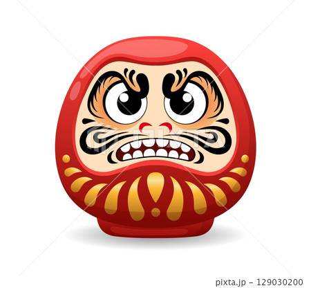 Daruma Japanese doll cartoon symbol of Japan culture or Bodhidharma, vector talisman. Red daruma doll with angry face mask symbolizing fortune luck, health and evil protection in Japanese art 129030200