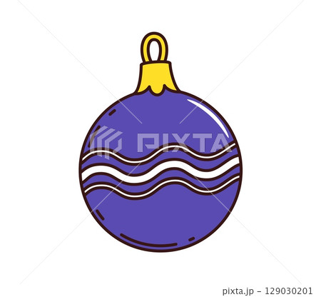 Cartoon Christmas tree ball toy groovy decoration. Merry Xmas holiday, winter season festive retro groovy glass bauble traditional decoration. Christmas tree cartoon isolated vector blue ball toy 129030201