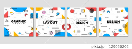 Memphis square cover layout, social media or cover backgrounds. Vector modern geometric hipster designs with abstract shapes. Vibrant card templates with bold playful patterns and bright colors 129030202
