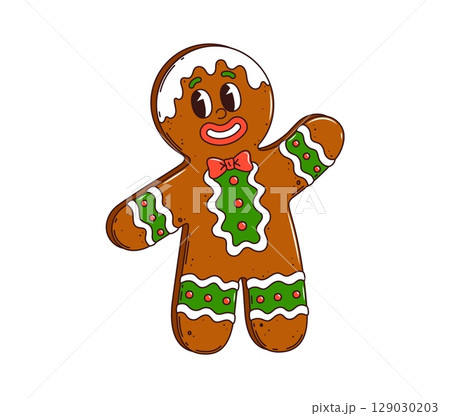 Christmas gingerbread cookie man groovy character. Merry Xmas holiday sweet groovy funny mascot. Christmas festive dessert 60s isolated vector personage. Happy New Year gingerbread man cute character 129030203