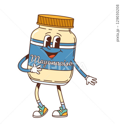 Cartoon groovy mayonnaise sauce jar character with smiling face and playful gesture. Vector retro food container pack personage with creamy and expressive y2k vibe. Funky nostalgic kitchen dressing Cartoon groovy mayonnaise sauce jar character with smiling face and playful gesture. Vector retro food container pack personage with creamy and expressive y2k vibe. Funky nostalgic kitchen dressing 129030208