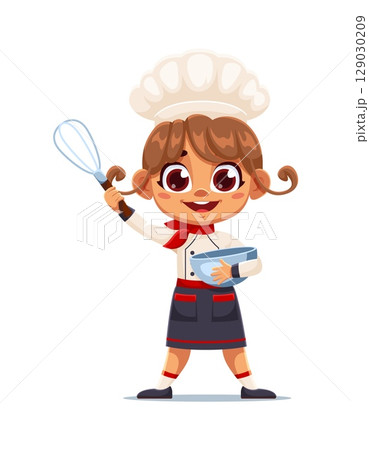 Happy cartoon girl chef in uniform holding a mixing bowl and whisk, showcasing culinary enthusiasm, bakery, cooking and readiness to bake. Vector cute child in toque prepares food, kid cook on kitchen 129030209