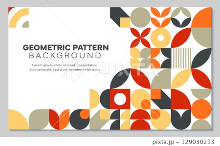 Abstract modern background with geometric pattern and shapes in red, yellow, beige and gray colors arranged in layout. Vector retro cover with minimal figures. Trendy template for presentation 129030213
