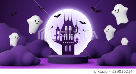 Halloween podium stand with flying funny ghosts and dark castle at purple sky and moon vector background. Cute Halloween ghosts and bats 3d characters flying around display stand, podium or stage 129030214
