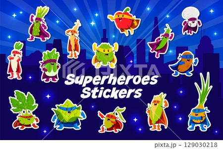 Cartoon superhero vegetable characters stickers pack. Salad, artichoke, bell pepper and pea, mushroom, onion, corn superheros or defenders in mask and cape cartoon vector vector personages stickers Cartoon superhero vegetable characters stickers pack. Salad, artichoke, bell pepper and pea, mushroom, onion, corn superheros or defenders in mask and cape cartoon vector vector personages stickers 129030218