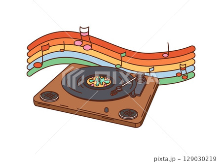 Retro hippie vinyl record player groovy object. DJ equipment, disco music isolated vector groovy retro attribute, LP disk turntable cartoon vintage symbol. Vinyl record player, musical melody notes Retro hippie vinyl record player groovy object. DJ equipment, disco music isolated vector groovy retro attribute, LP disk turntable cartoon vintage symbol. Vinyl record player, musical melody notes 129030219