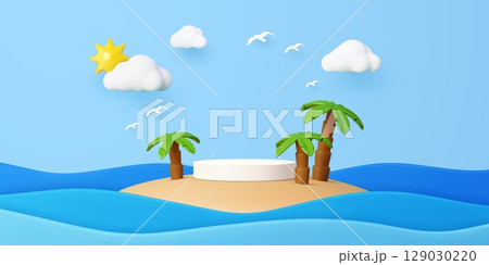 Tropical island podium stage with palm trees and white round display surrounded by blue ocean waves. 3d vector cartoon scene features sky clouds, seagulls and bright sun, evoking a sunny paradise vibe 129030220